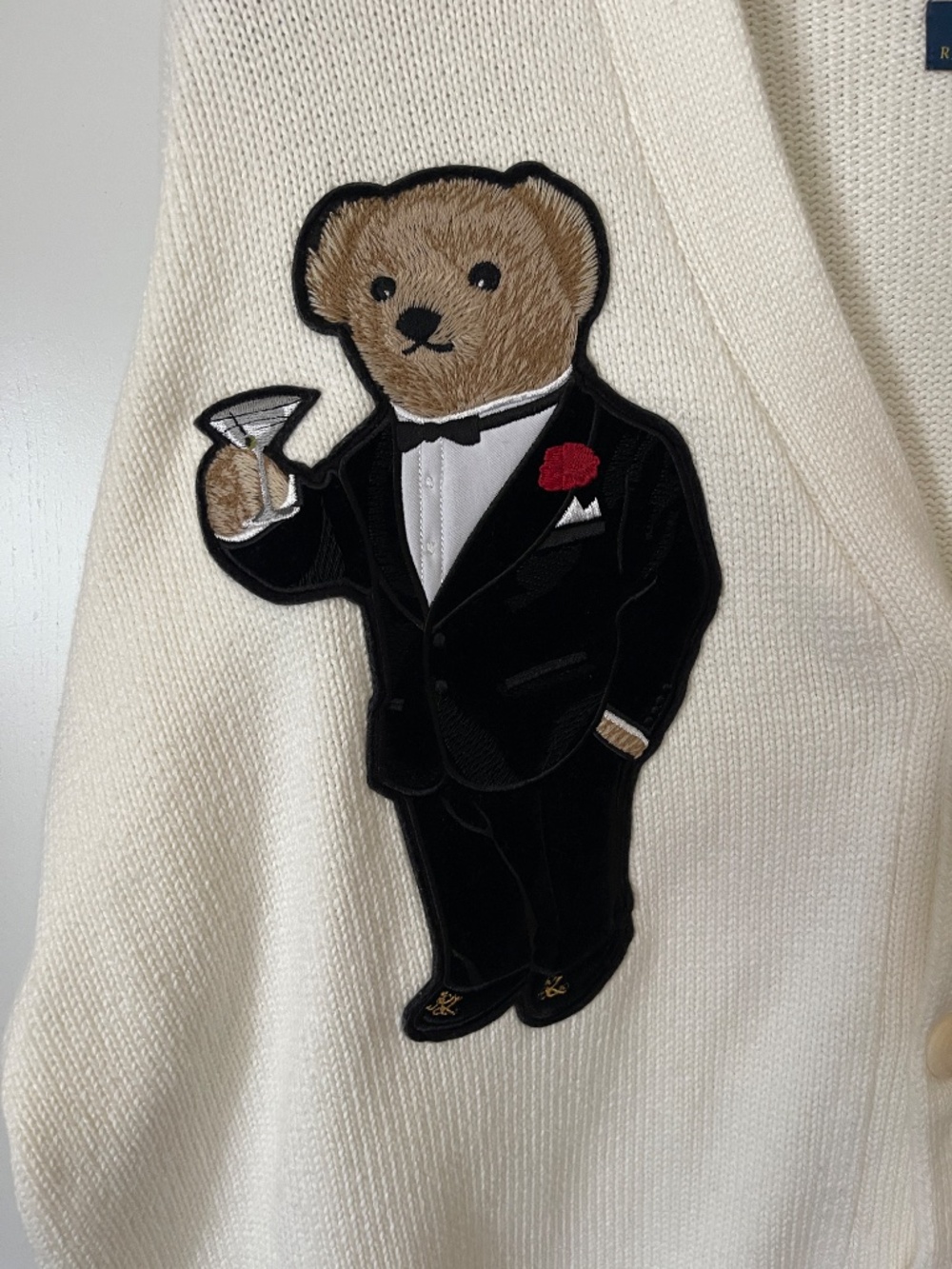 Ralph Lauren Ivory Knit Cardigan with Navy Label & Polo Bear Patch NWT XXL. - Picture 2 of 6